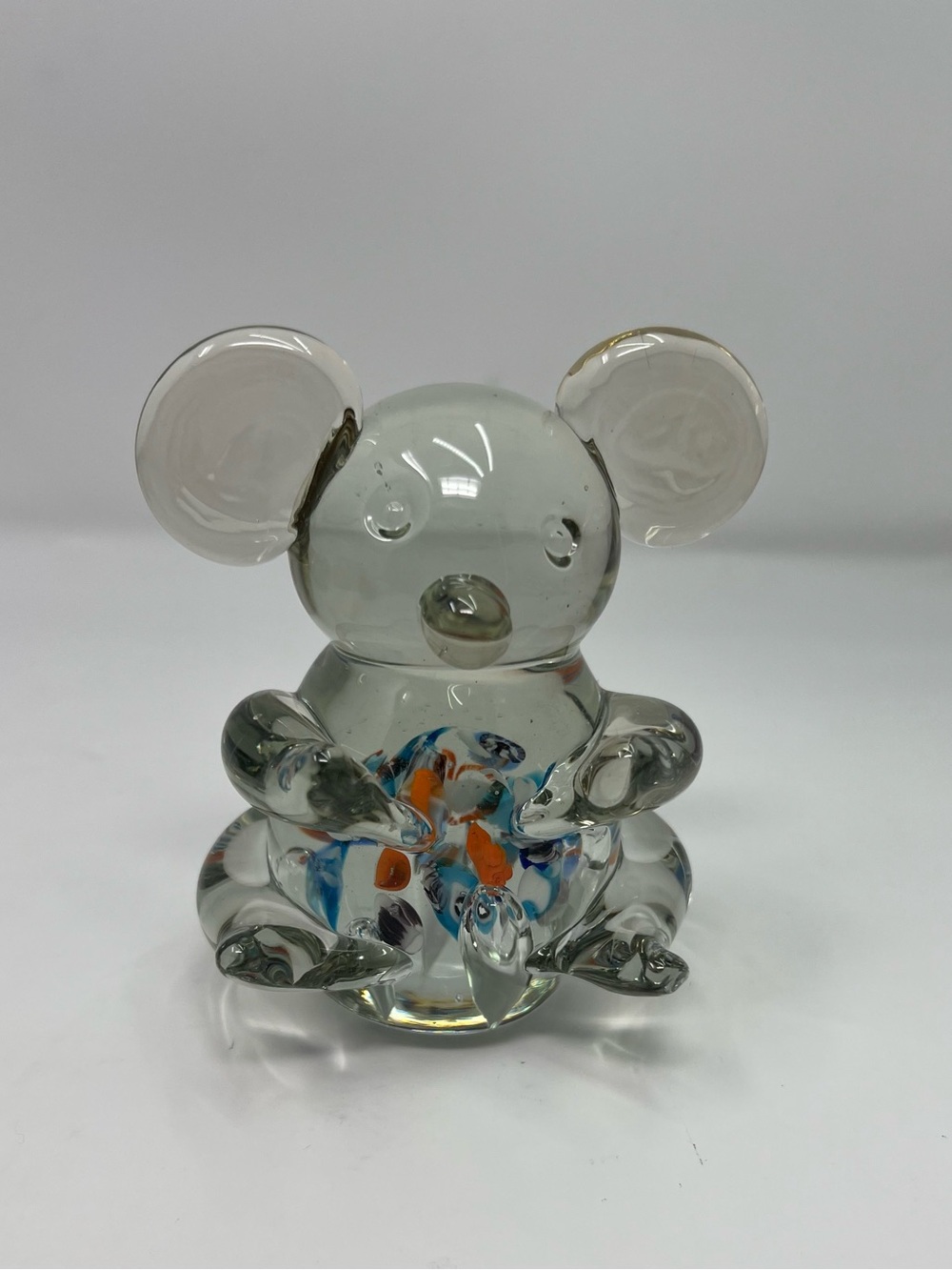 Handblown Clear Glass Koala Figurine with Blue & Orange Accents